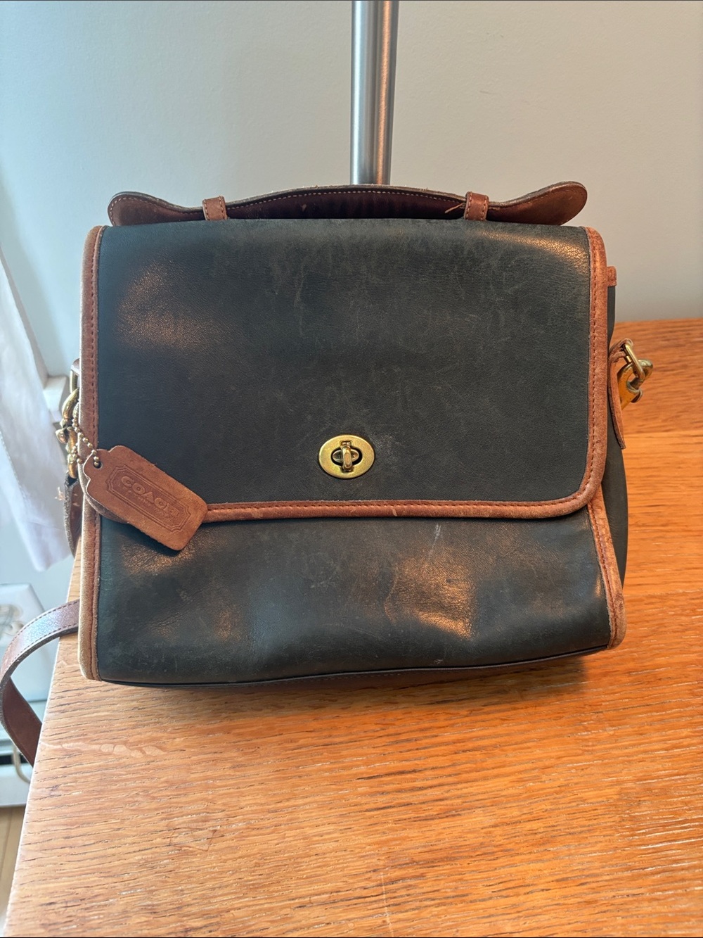 Coach Dark Green Messenger Bag with Brown Trim and Turn-Lock
